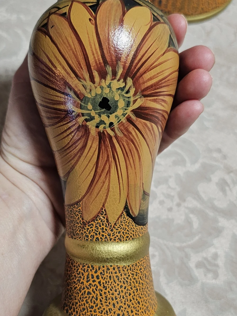 Boho Ceramic Candlestick Holders Hand Painted Sunflower Motif Crackle Glaze Gold